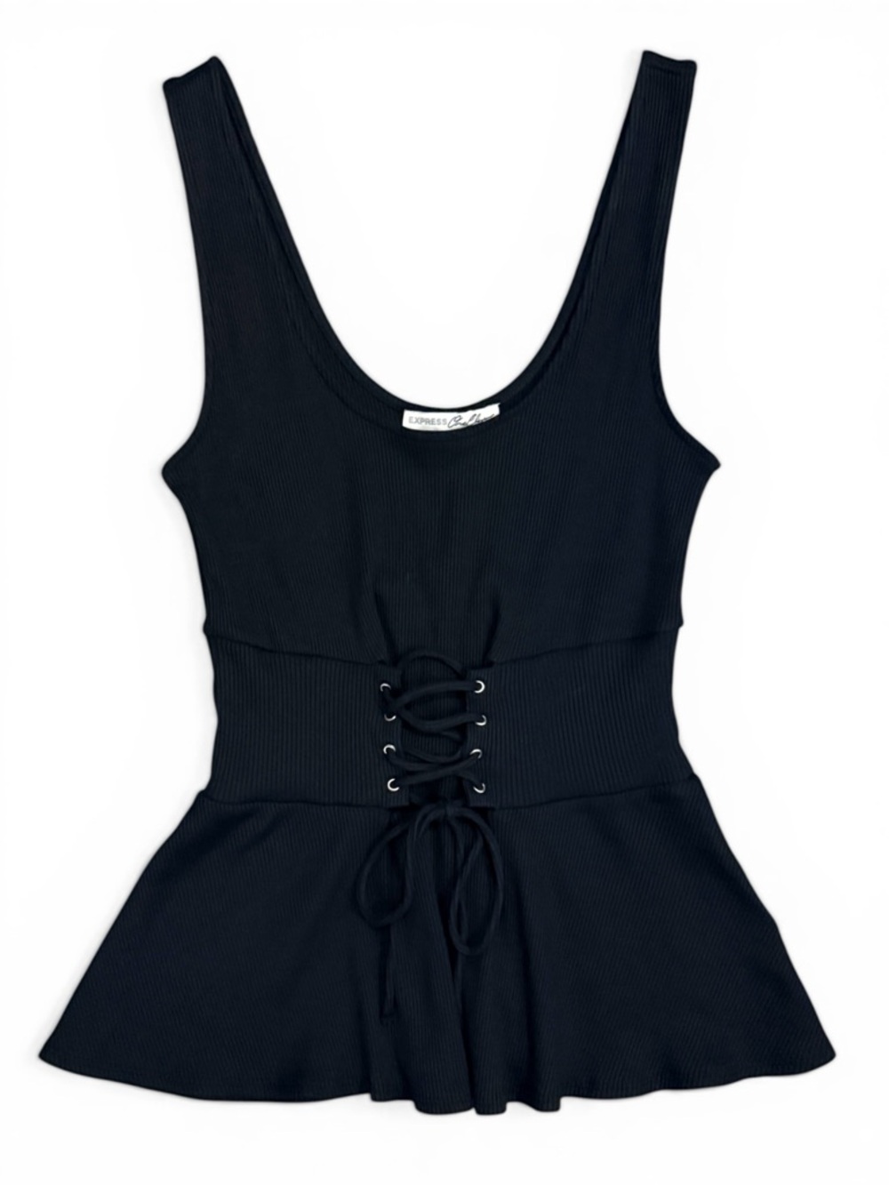 Express Black Ribbed Lace-Up Peplum Tank Top